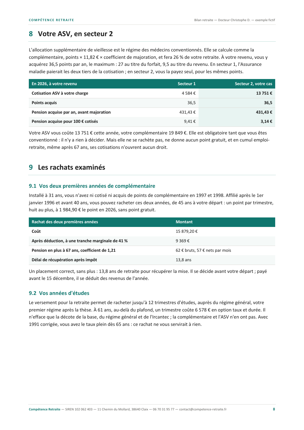 Page de l'ASV en secteur 2 et des rachats examinés : cotisation et points d'ASV, rachat des deux premières années de complémentaire et des années d'études